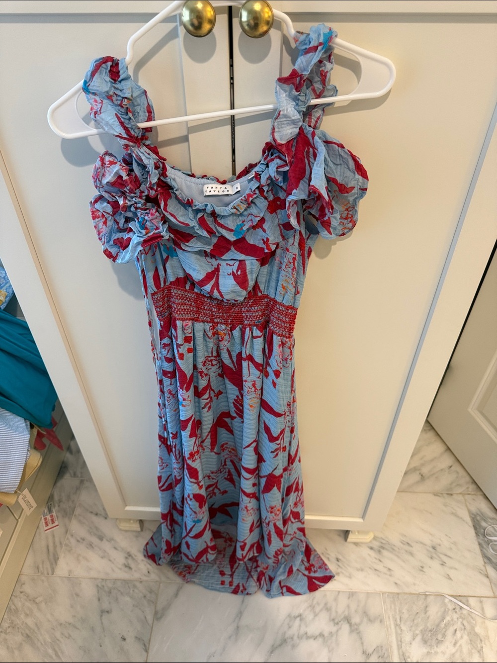 Tanya Taylor Blue Dress with Red Floral Print